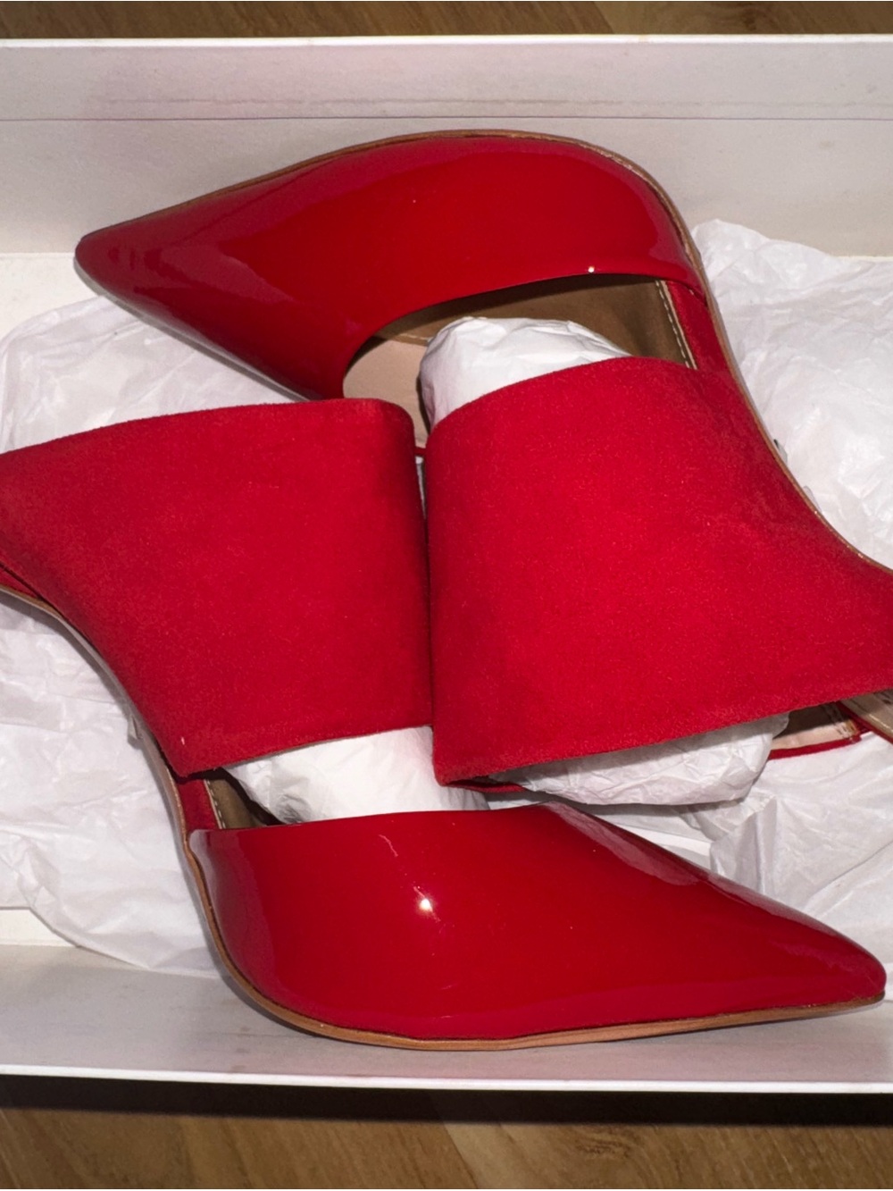 SCHUTZ Red Patent & Suede Pointed Slide Mules - Picture 11 of 12